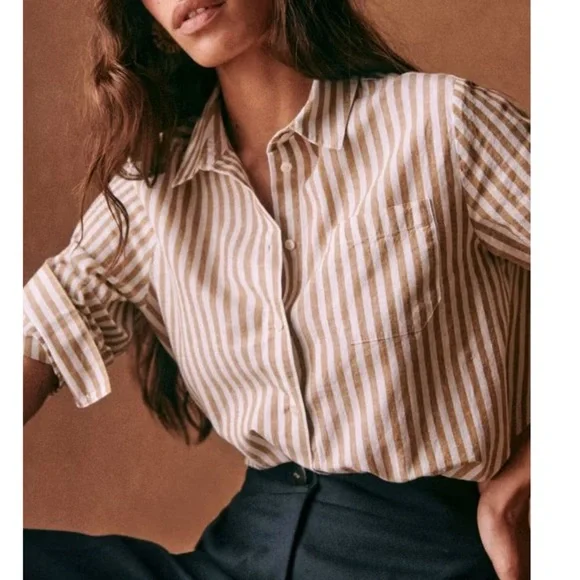 SEZANE Camel Tan & White Ecru Linen Cotton Striped Button Down Tomboy Shirt - Picture 6 of 17